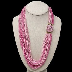 Japan Signed Vintage Pink Glass Seed Bead Layered Torsade Necklace